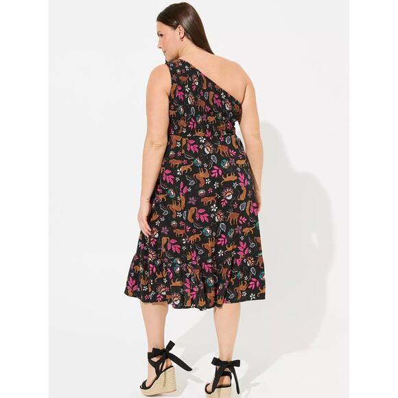 NWT‎ TORRID Women's 3X (3) Black Floral Leopard Midi Challis One-Shoulder Dress - Picture 3 of 15